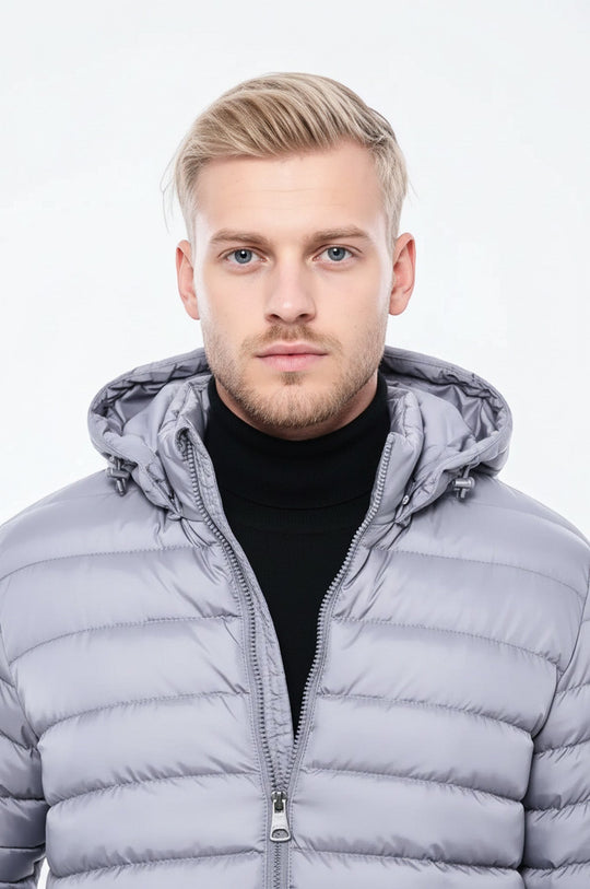 Hooded Quilted Grey Men Coat - Wessi