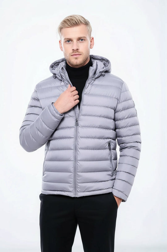 Hooded Quilted Grey Men Coat - Wessi