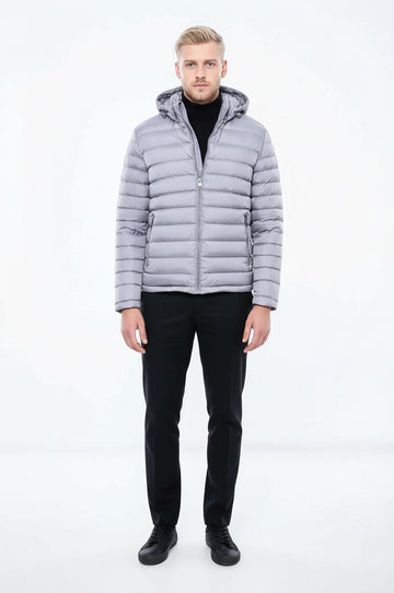 Hooded Quilted Grey Men Coat - Wessi