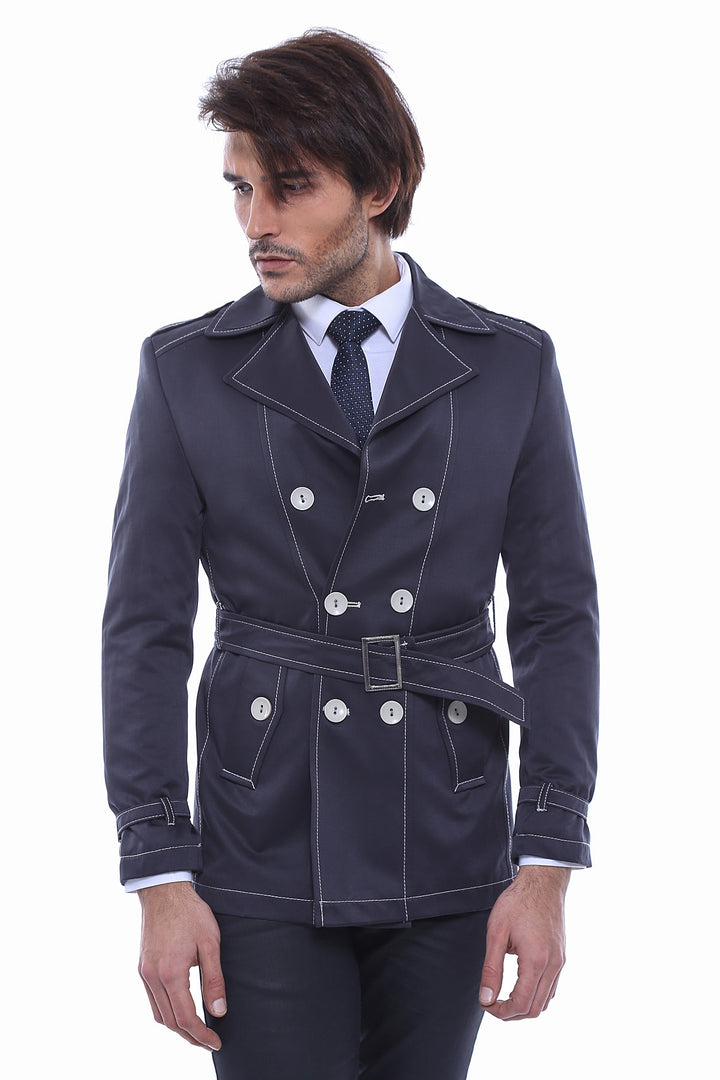 Double Breasted Navy Blue Men Trench Coat - Wessi