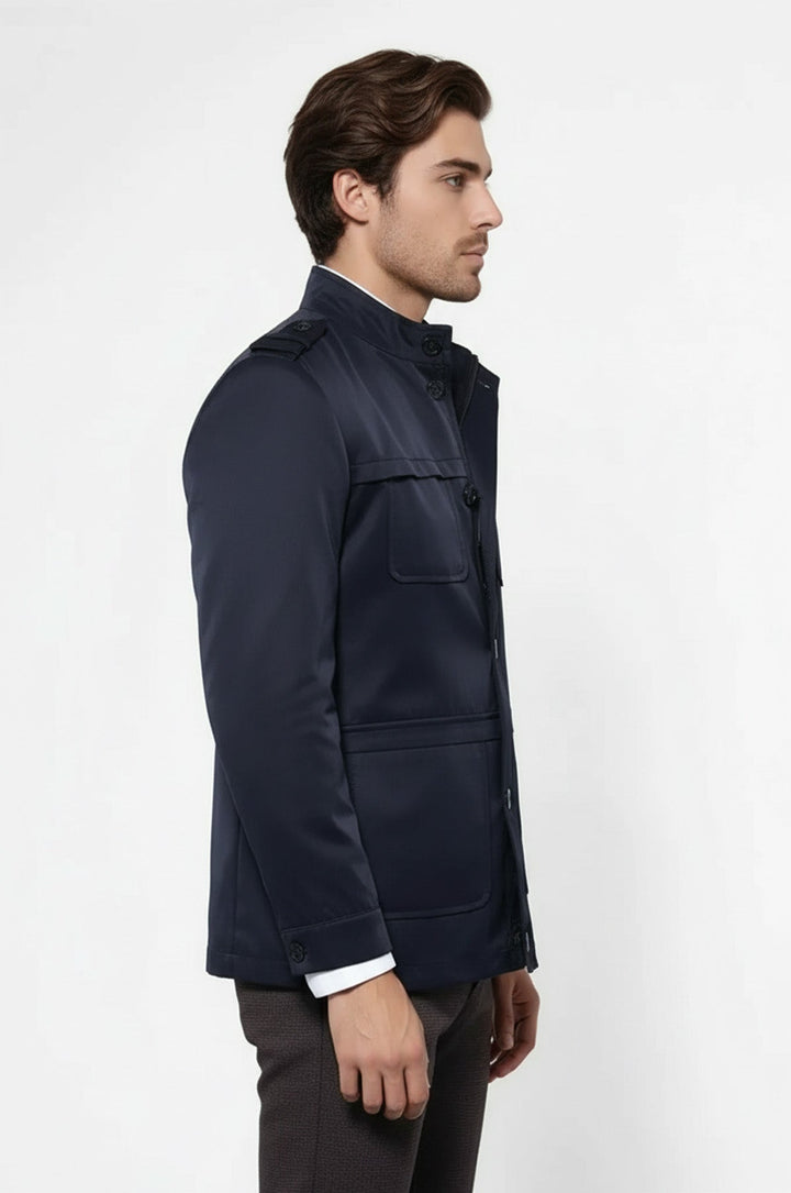 Plain Navy Blue Men Short Coat - Wessi