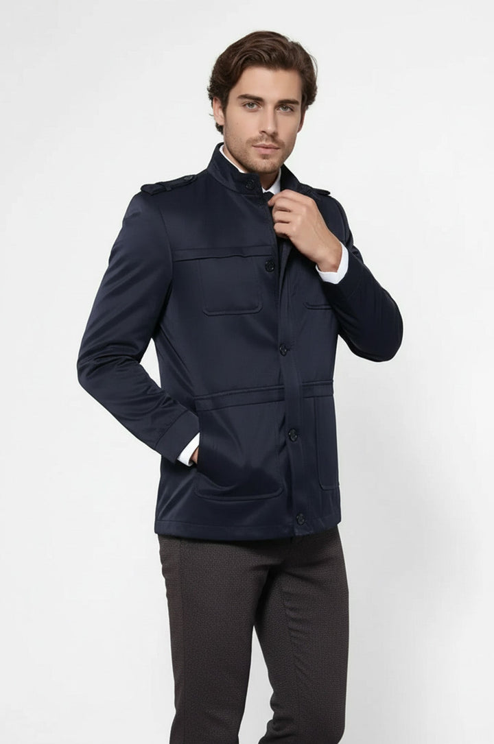Plain Navy Blue Men Short Coat - Wessi