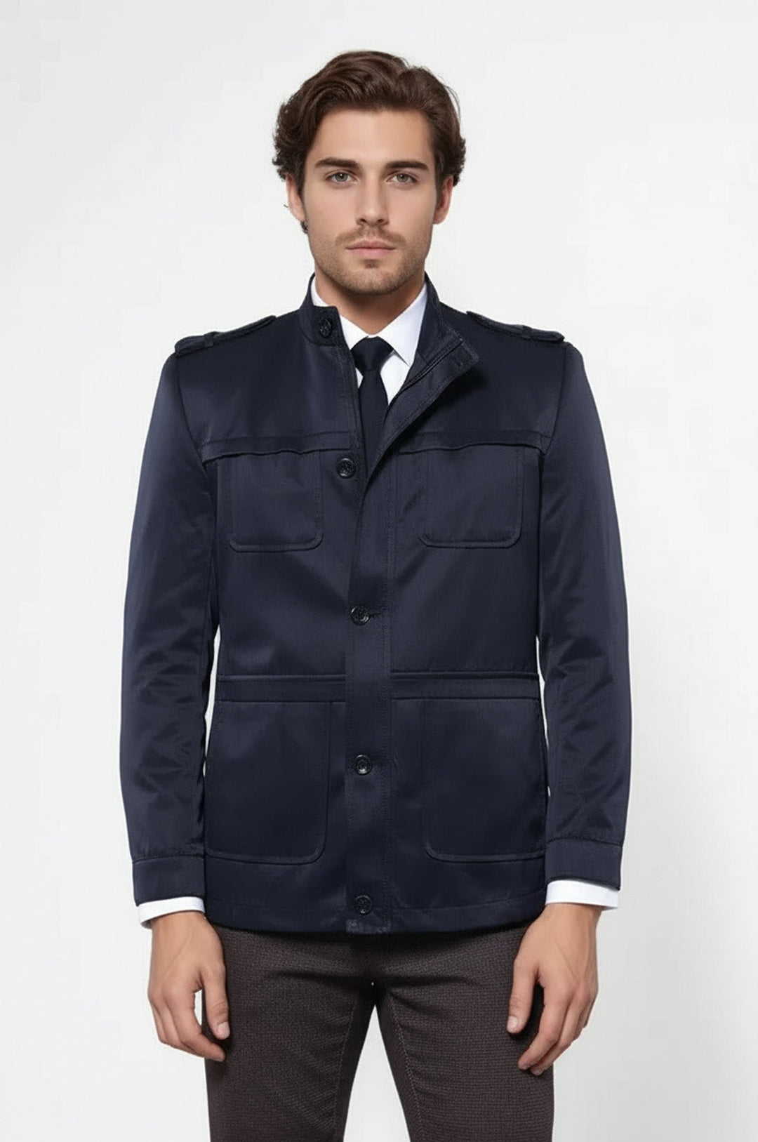 Plain Navy Blue Men Short Coat - Wessi