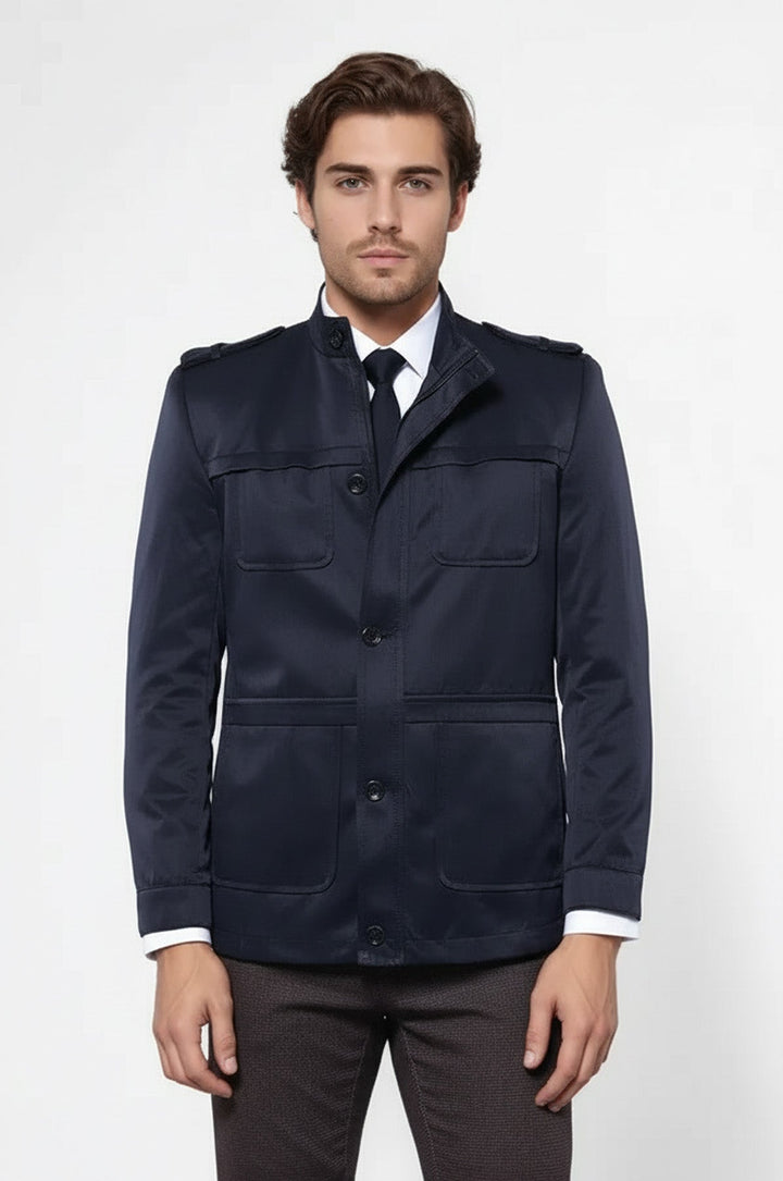 Plain Navy Blue Men Short Coat - Wessi