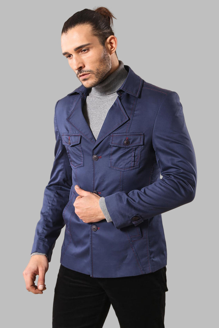 Navy Blue Cotton Trench Coat - Wessi