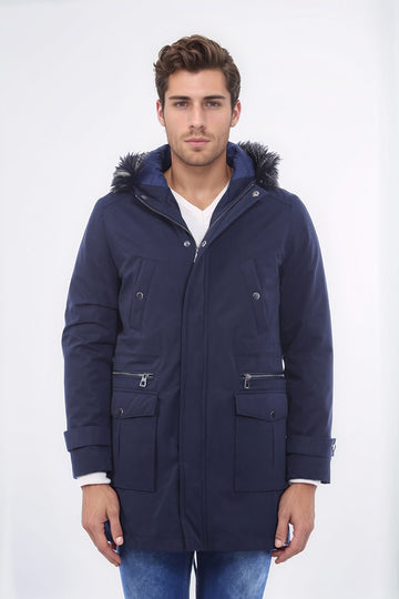Мужское пальто темно-синего цвета с меховым капюшоном - Wessi