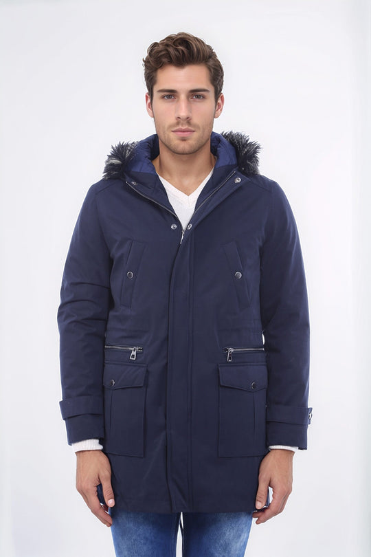 Мужское пальто темно-синего цвета с меховым капюшоном - Wessi