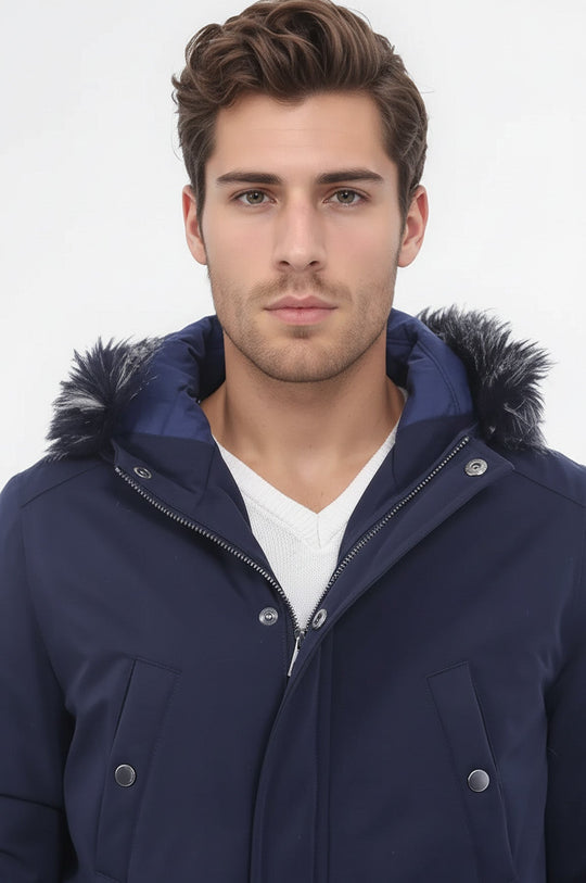 Мужское пальто темно-синего цвета с меховым капюшоном - Wessi