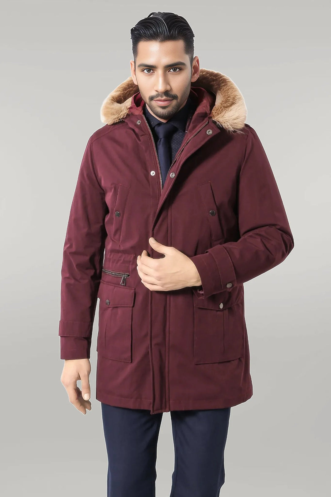 Fur Hooded Burgundy Men Coat - Wessi