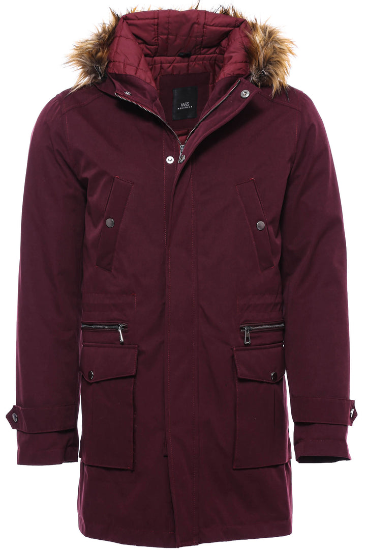 Fur Hooded Burgundy Men Coat - Wessi