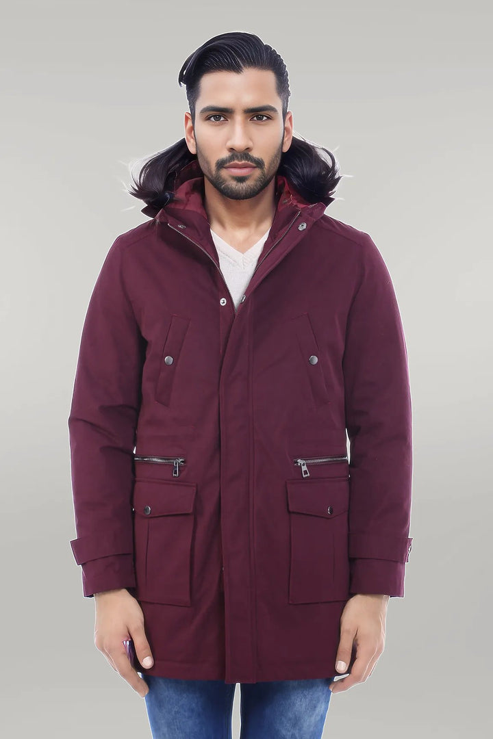 Fur Hooded Burgundy Men Coat - Wessi