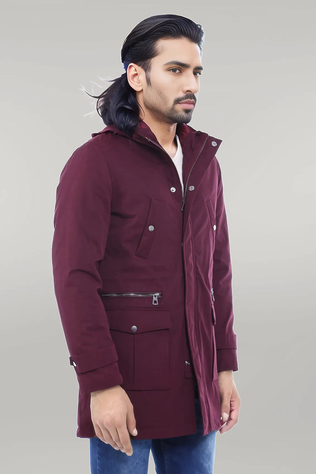 Fur Hooded Burgundy Men Coat - Wessi