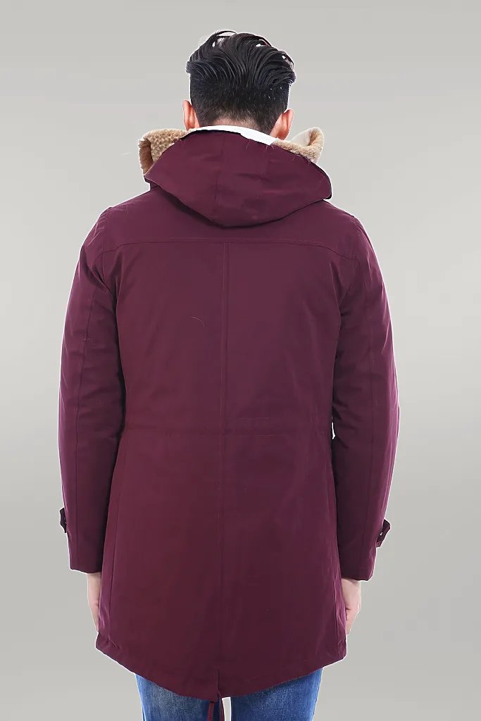 Fur Hooded Burgundy Men Coat - Wessi