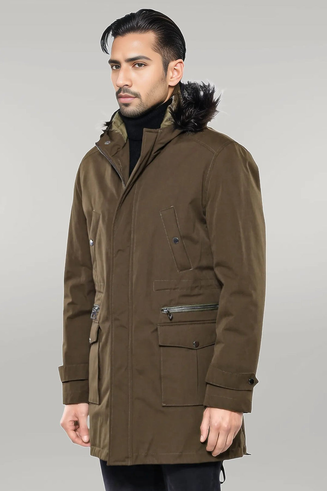 Fur Hooded Parka Khaki Men Coat - Wessi