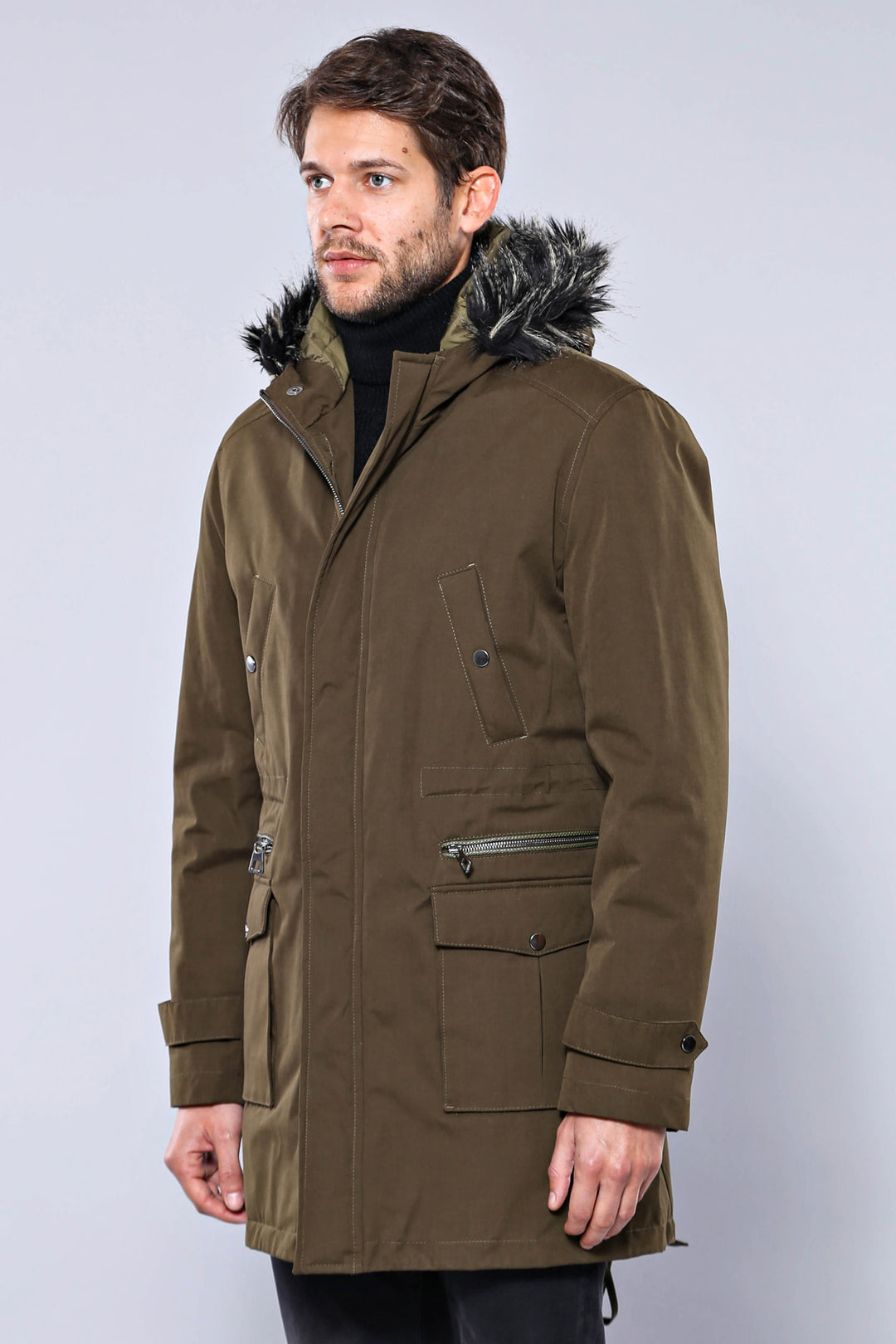 Parka con capucha de piel color caqui para hombre - Wessi