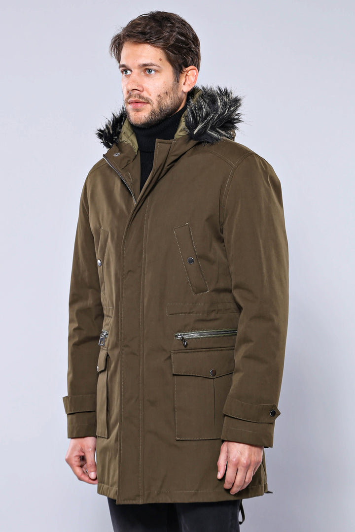 Parka con capucha de piel color caqui para hombre - Wessi