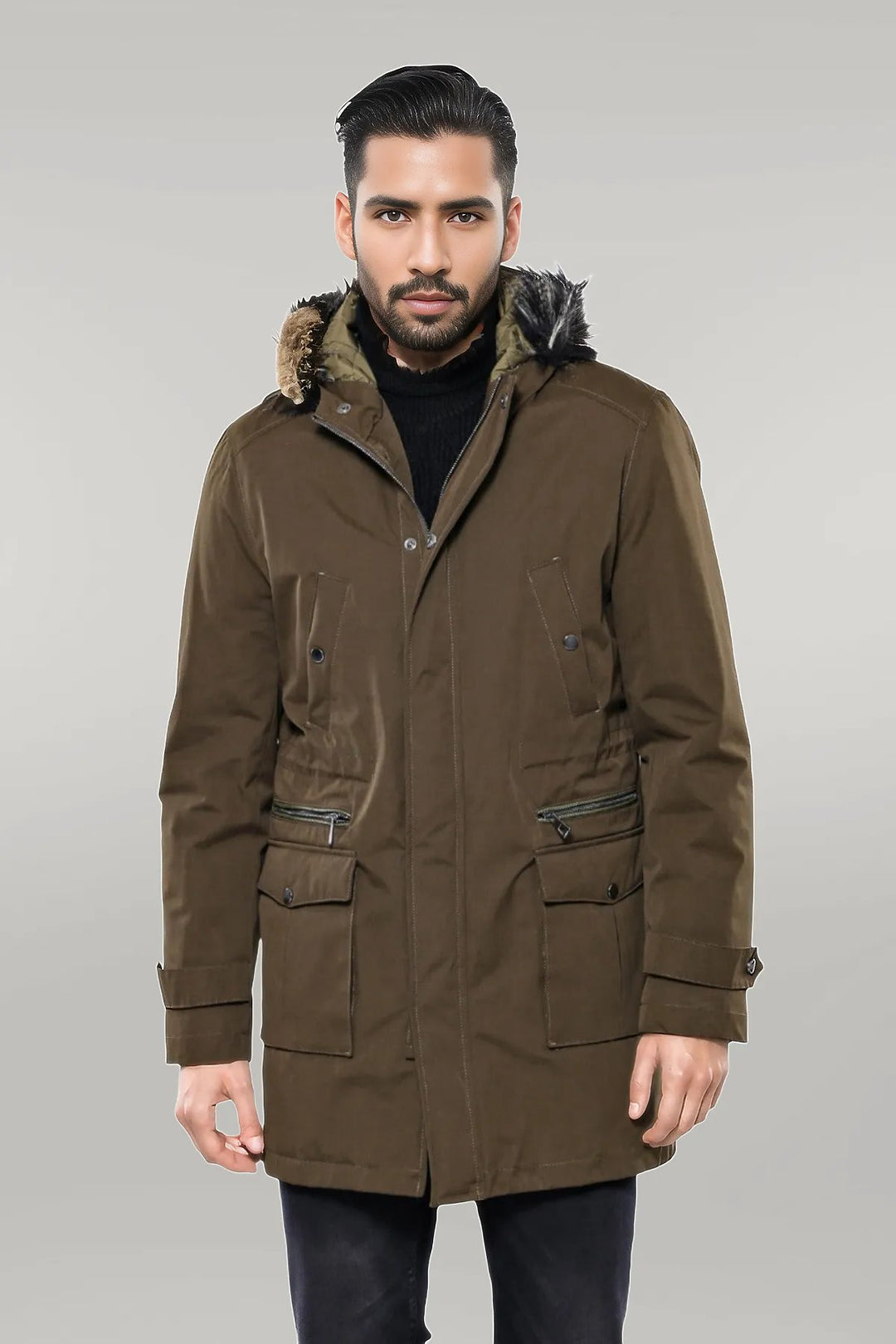 Fur Hooded Parka Khaki Men Coat - Wessi