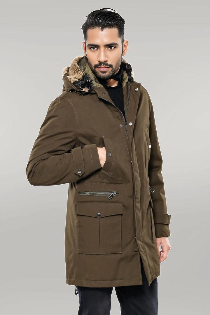 Fur Hooded Parka Khaki Men Coat - Wessi