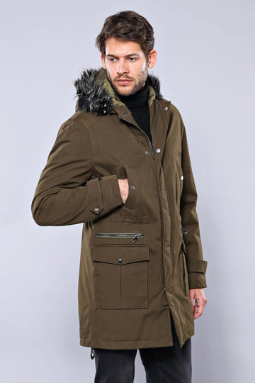 Parka con capucha de piel color caqui para hombre - Wessi