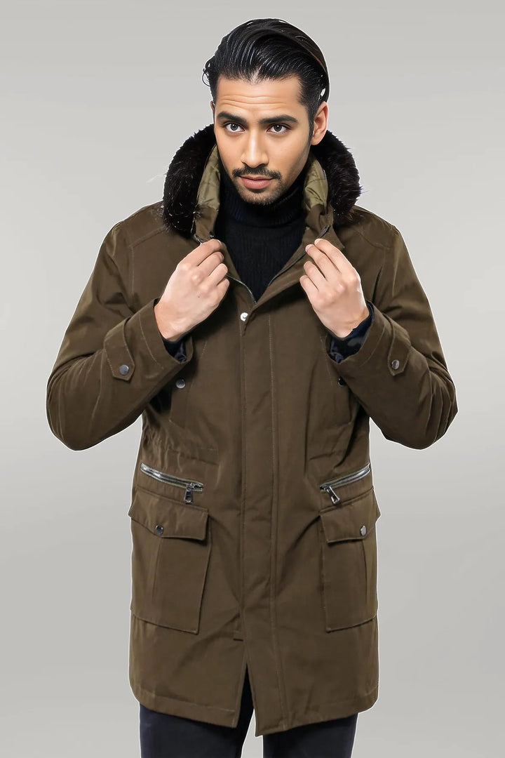 Parka con cappuccio in pelliccia color cachi da uomo - Wessi