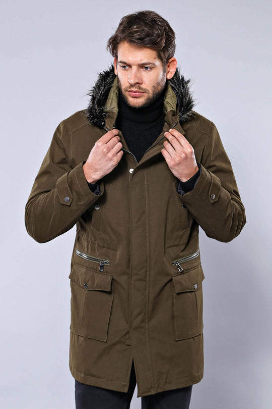 Parka con capucha de piel color caqui para hombre - Wessi