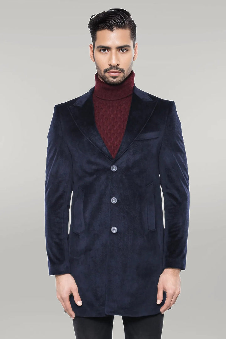 Wide Lapel Cachet Navy Blue Men Coat - Wessi