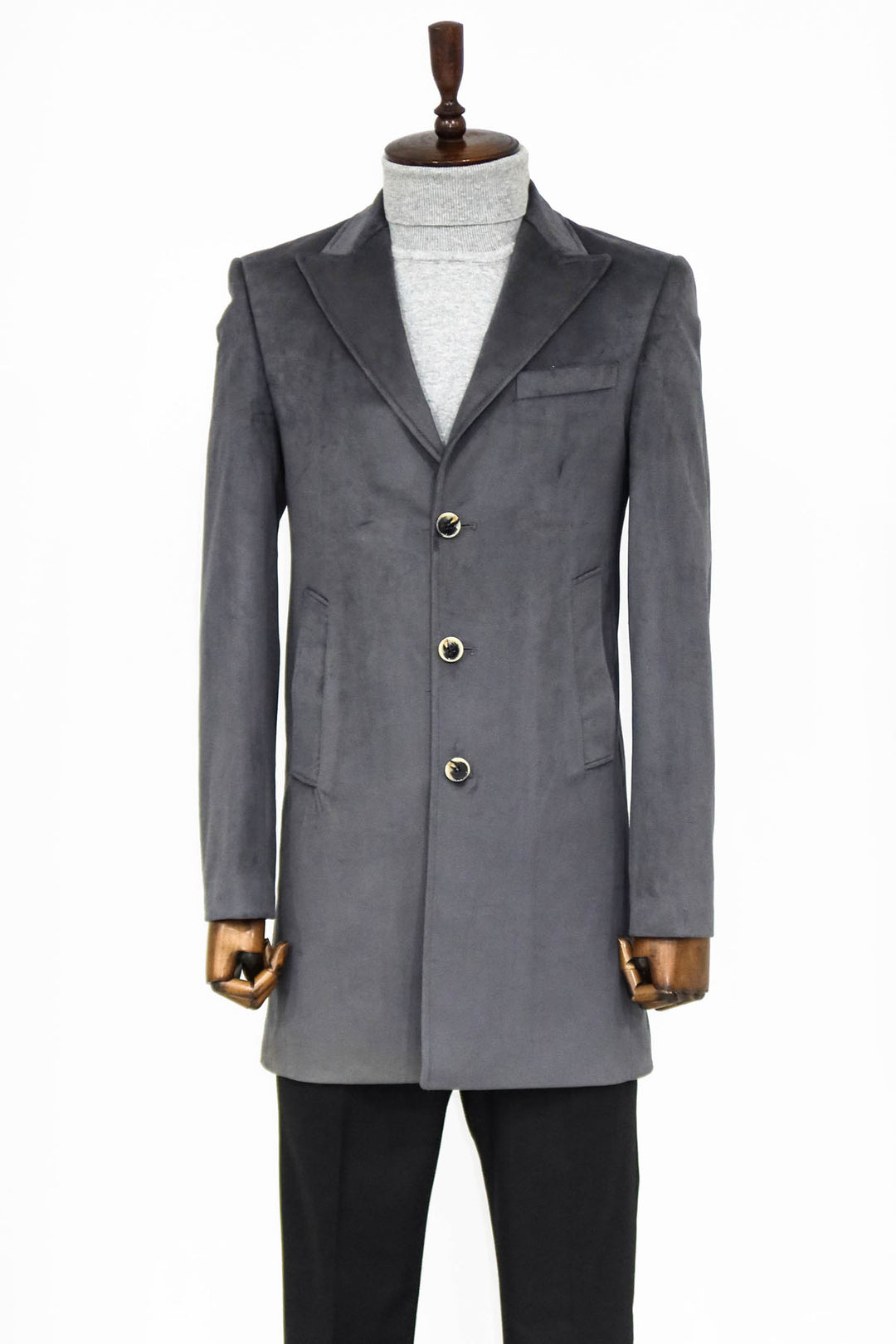 Suede Slim Fit Long Grey Men Coat - Wessi