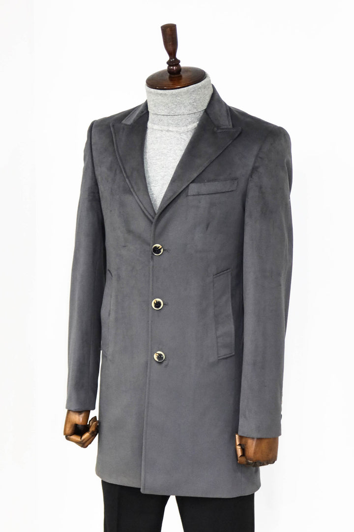 Suede Slim Fit Long Grey Men Coat - Wessi