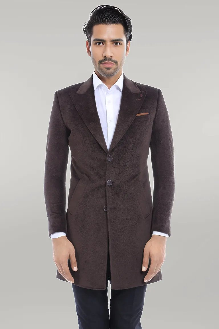 Peak Lapel Brown Men Coat - Wessi