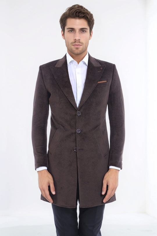 Peak Lapel Brown Men Coat - Wessi