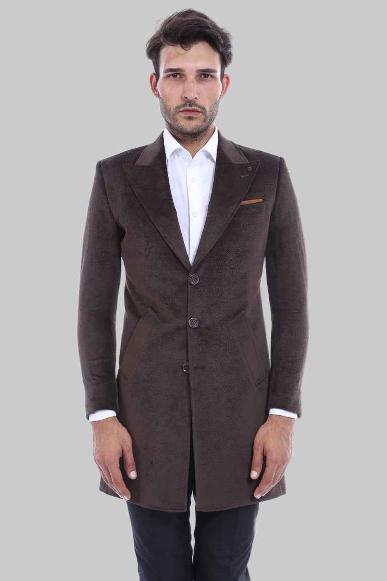 Peak Lapel Brown Men Coat - Wessi