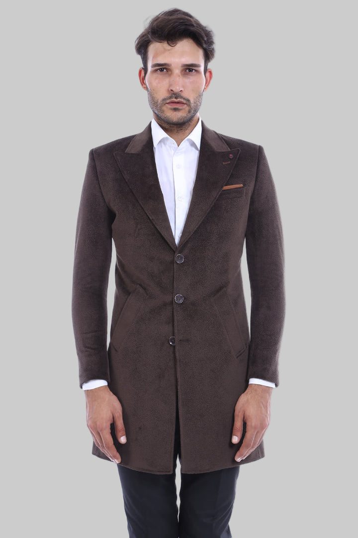 Peak Lapel Brown Men Coat - Wessi