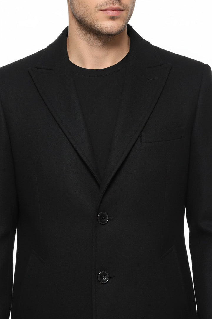 Wide Pointed Collar Over Knee Black Men Coat - Wessi