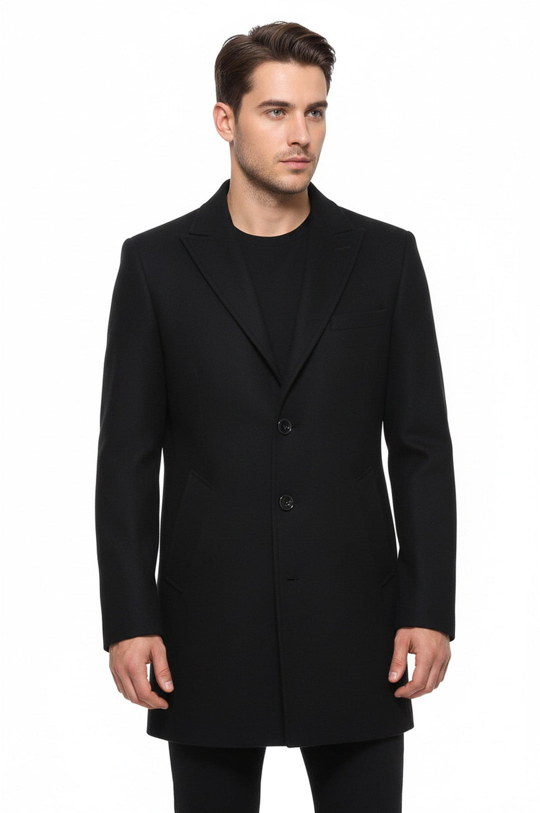 Wide Pointed Collar Over Knee Black Men Coat - Wessi
