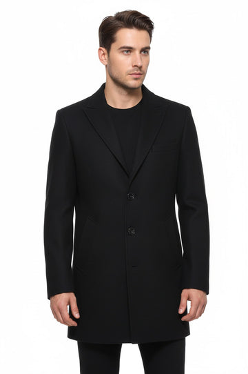 Wide Pointed Collar Over Knee Black Men Coat - Wessi