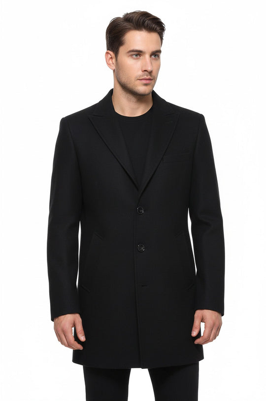 Wide Pointed Collar Over Knee Black Men Coat - Wessi