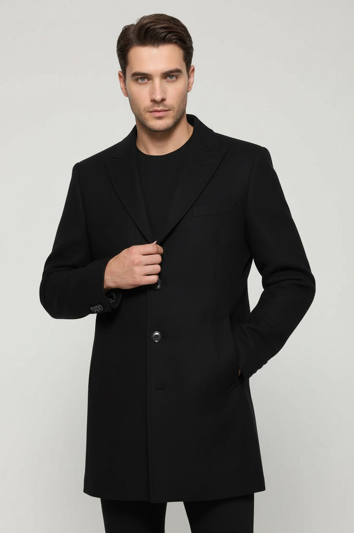 Wide Pointed Collar Over Knee Black Men Coat - Wessi