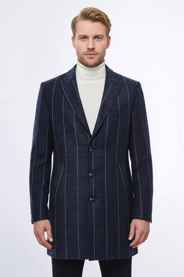 Checked Navy Blue Men Coat - Wessi