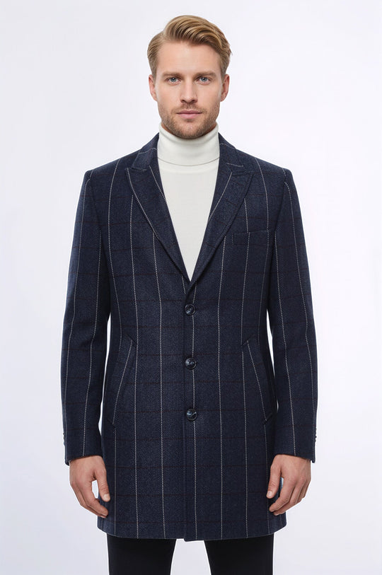 Checked Navy Blue Men Coat - Wessi