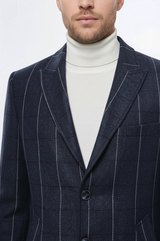 Checked Navy Blue Men Coat - Wessi