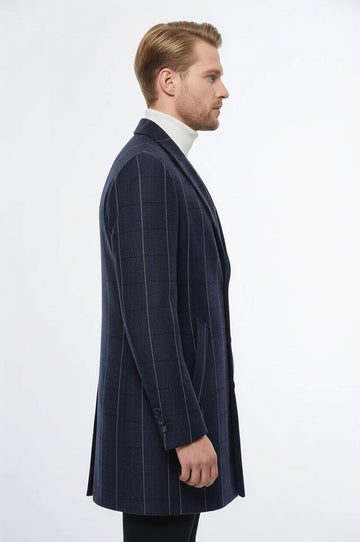 Checked Navy Blue Men Coat - Wessi