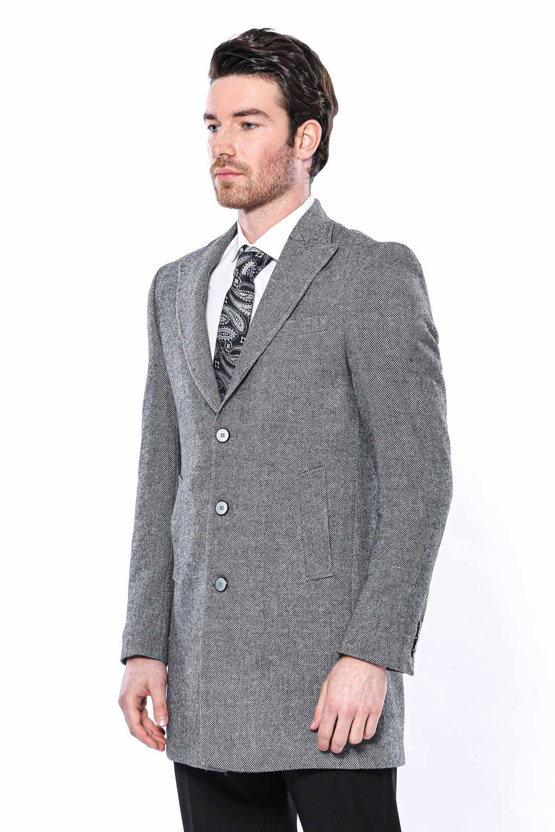 Abrigo Largo Hombre Cachet Solapa De Pico Gris - Wessi