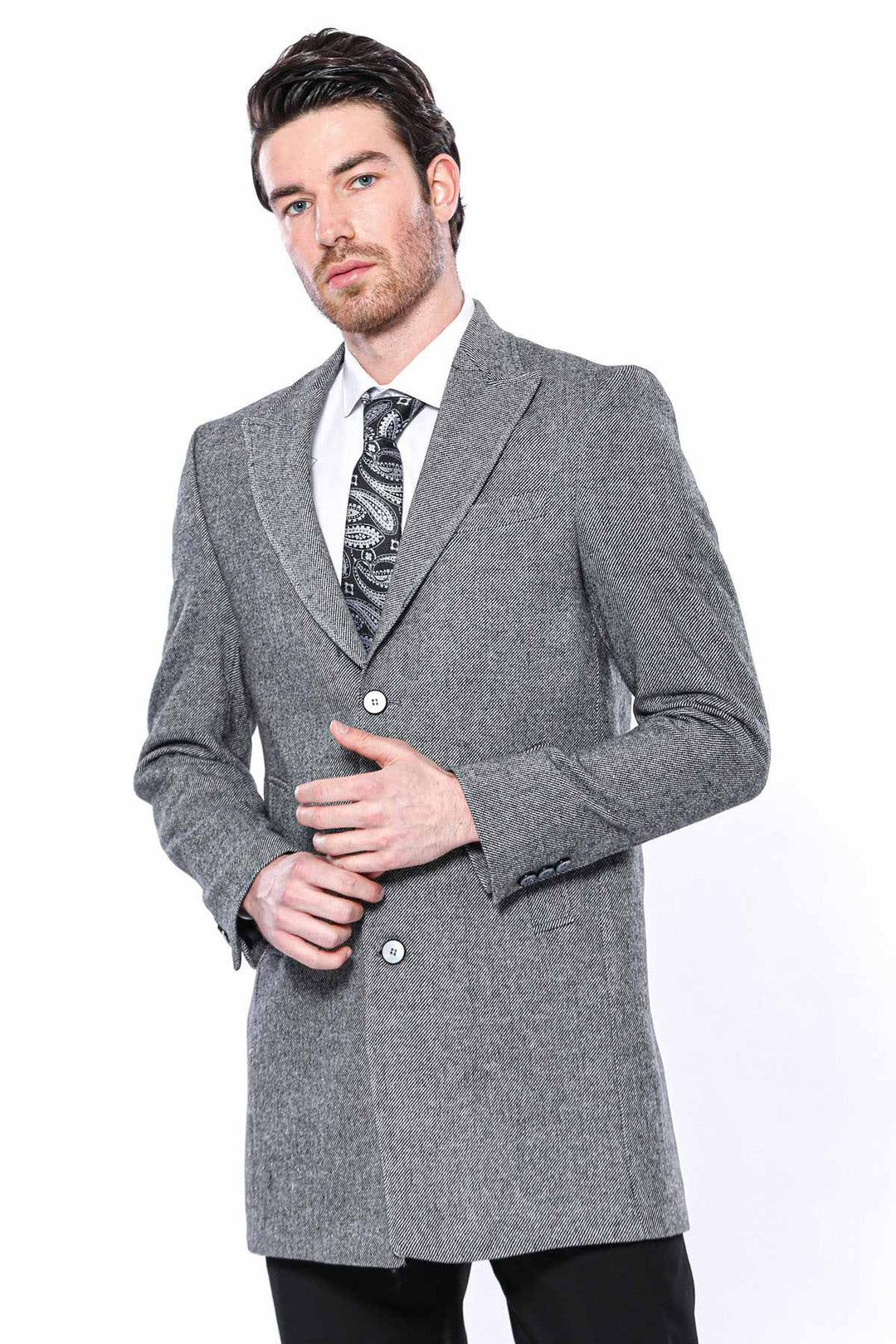 Abrigo Largo Hombre Cachet Solapa De Pico Gris - Wessi