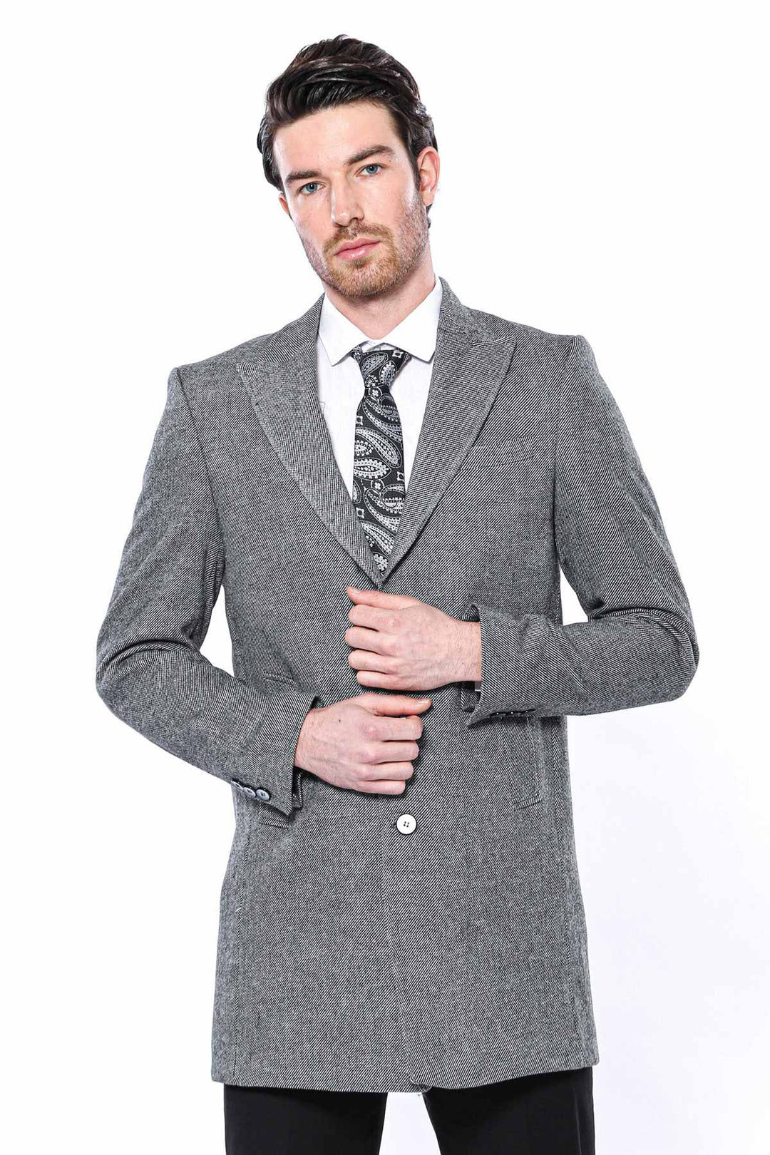 Abrigo Largo Hombre Cachet Solapa De Pico Gris - Wessi