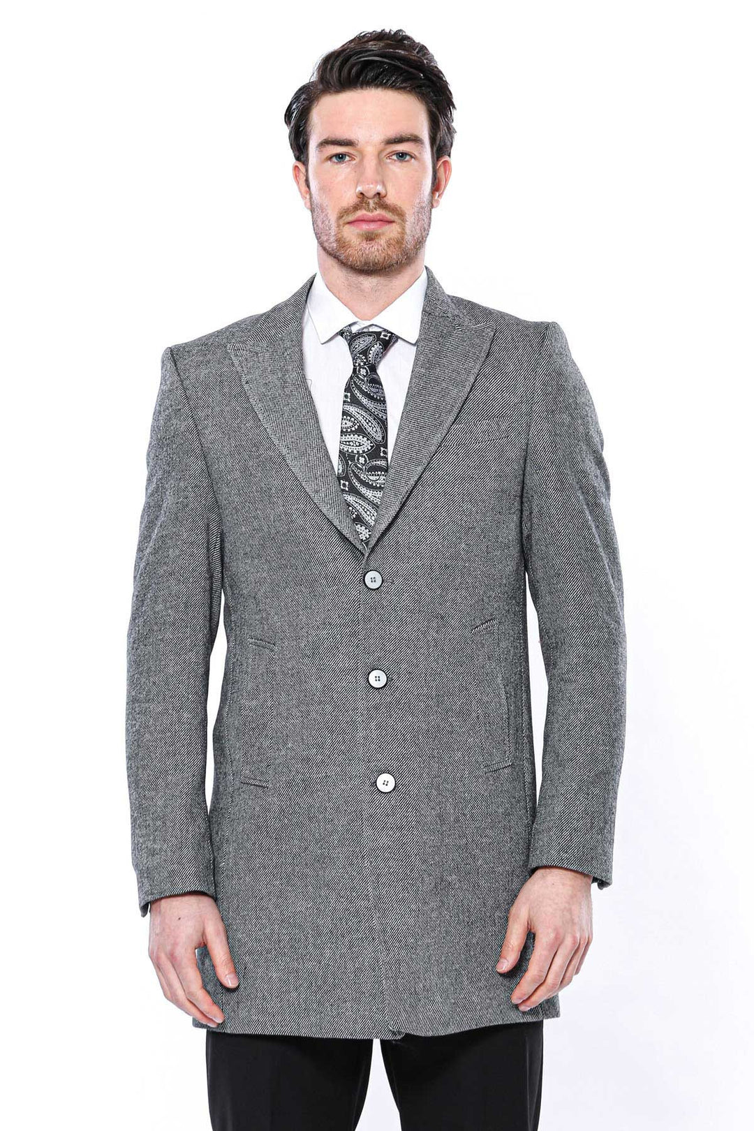 Abrigo Largo Hombre Cachet Solapa De Pico Gris - Wessi