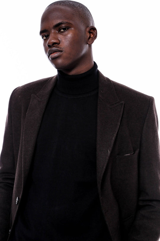 معطف رجالي بني بياقة مدببة واسعة فوق الركبة - ويسي