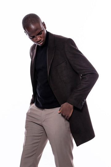 معطف رجالي بني بياقة مدببة واسعة فوق الركبة - ويسي