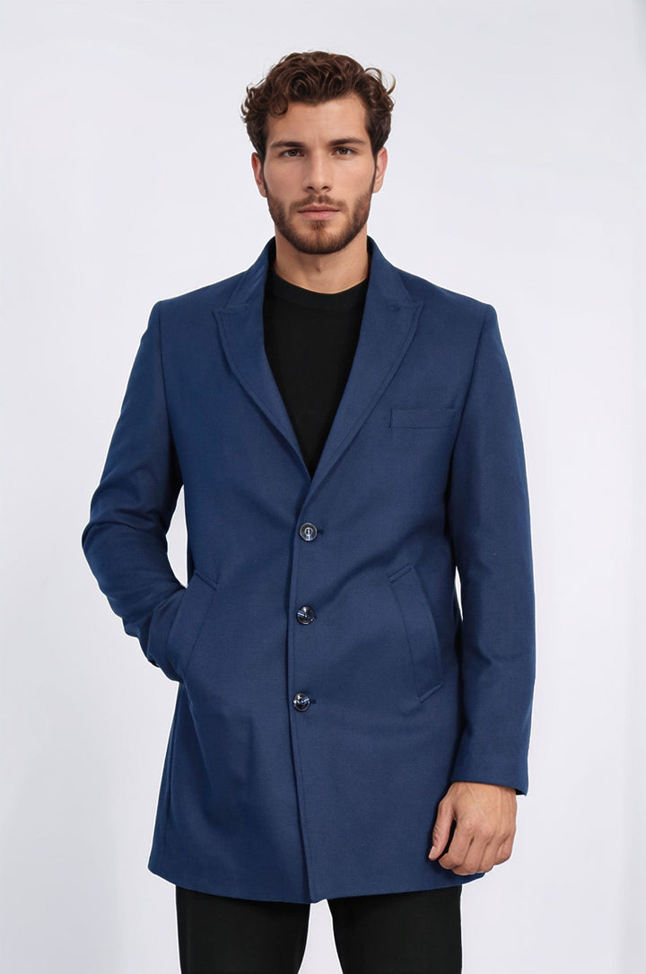 Plain Peak Lapel 3 Buttons Blue Men Coat - Wessi