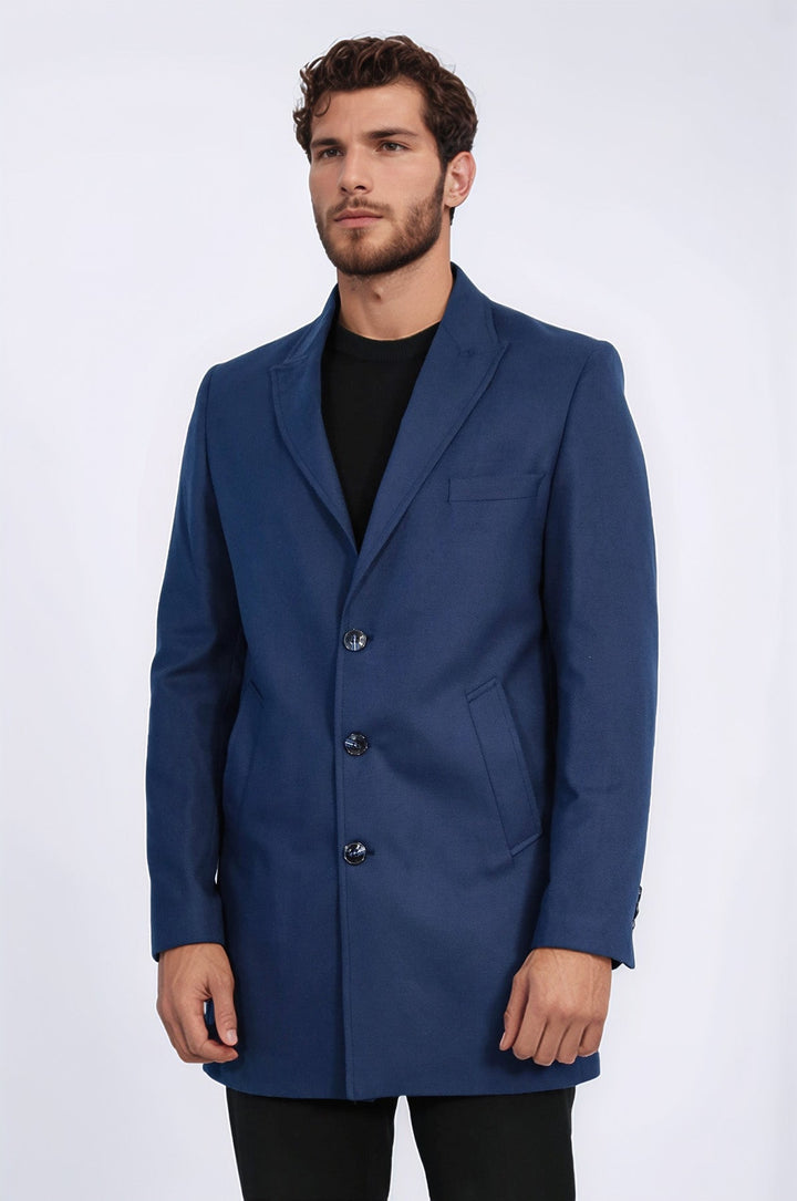 Plain Peak Lapel 3 Buttons Blue Men Coat - Wessi