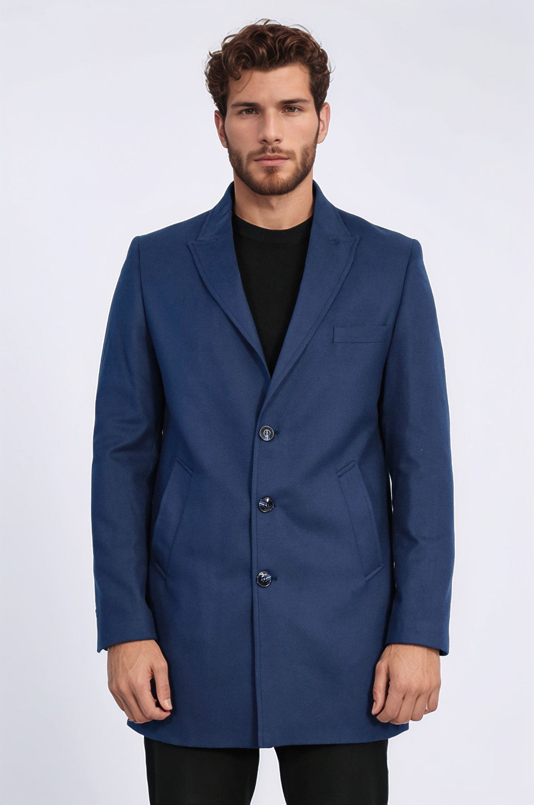 Plain Peak Lapel 3 Buttons Blue Men Coat - Wessi